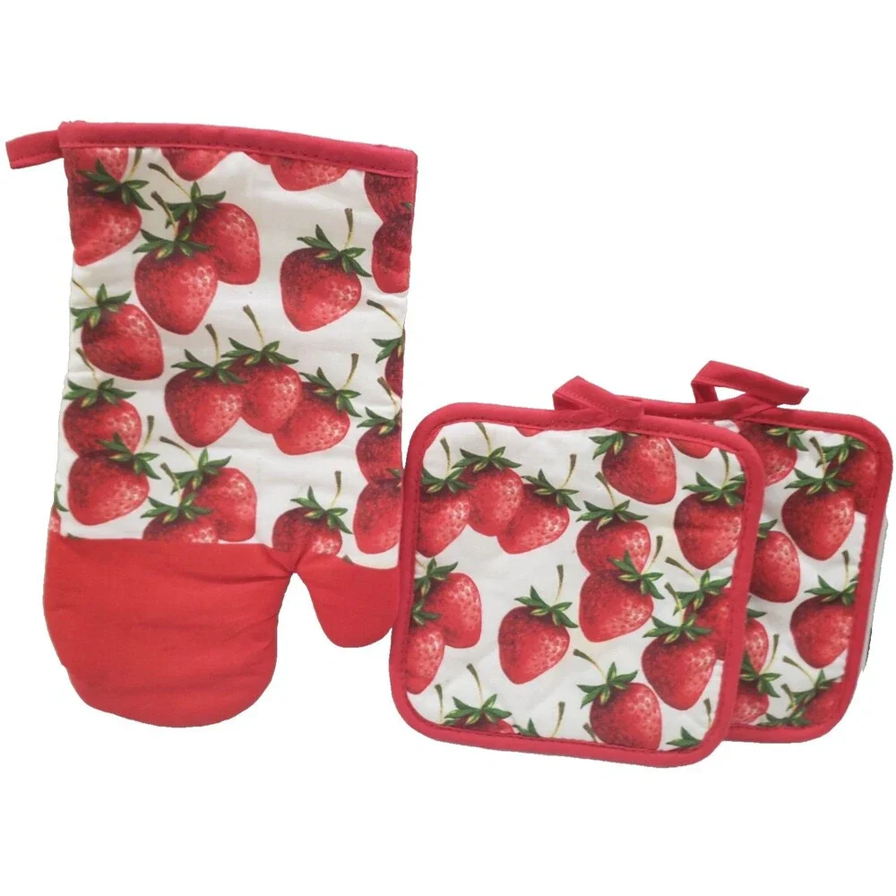 Kitchen set of 3: 2 Same Pot Holders & 1 Oven Mitt (12") STRAWBERRIES, red back